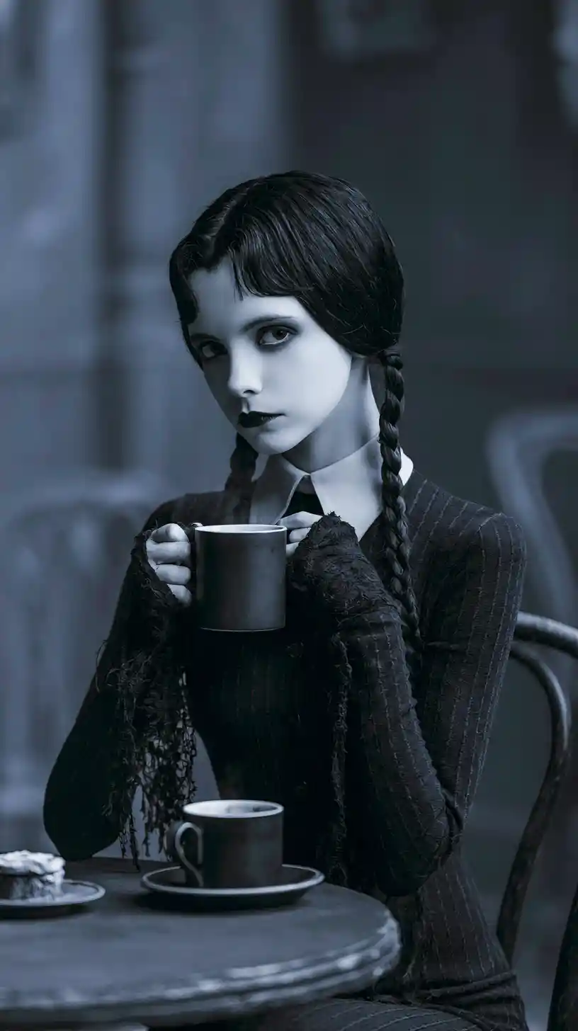 薄暗い村のカフェでひとり座る謎めいた少女