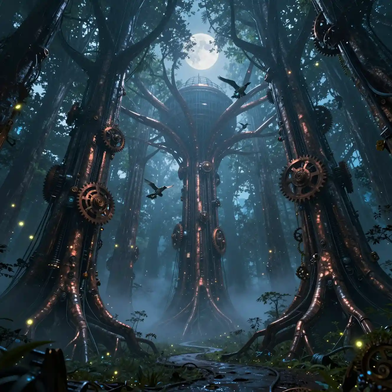 Árvores mecânicas gigantes erguendo-se sobre uma floresta luminosa e enevoada