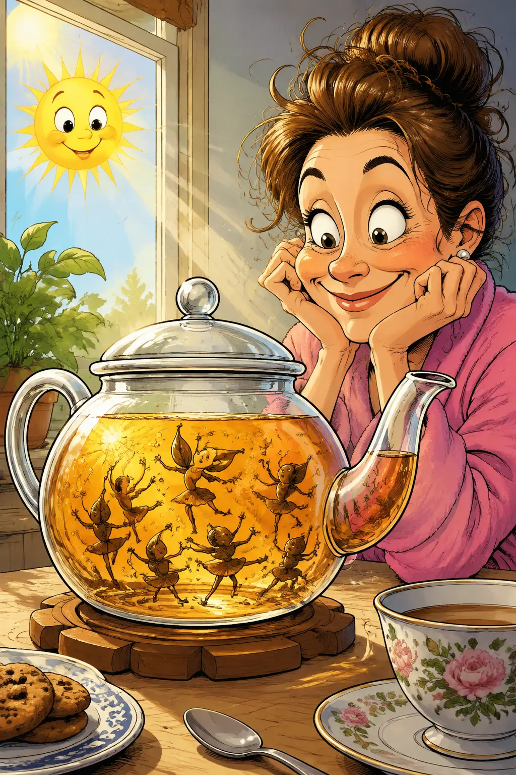 Bule de desenho animado com folhas de chá dançantes na luz da manhã