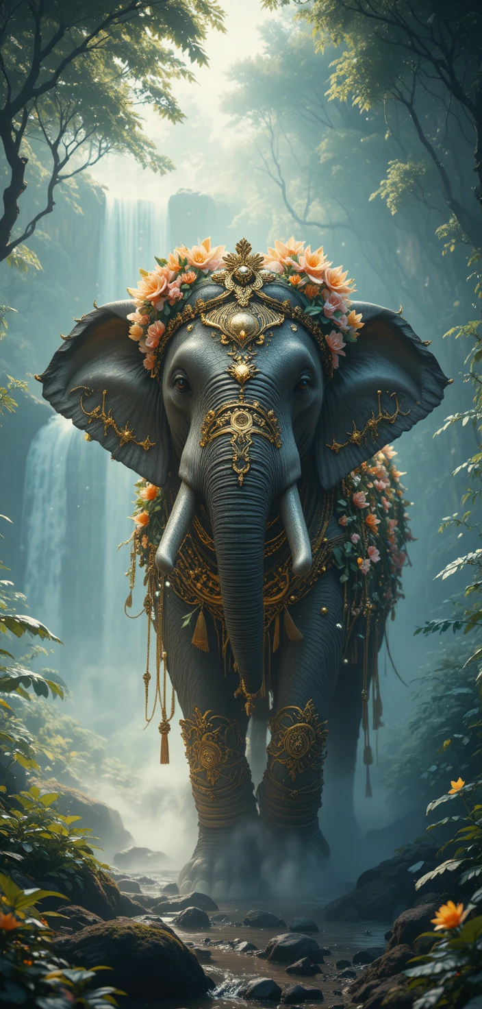 Elefant mit leuchtenden Girlanden auf nebliger Waldlichtung