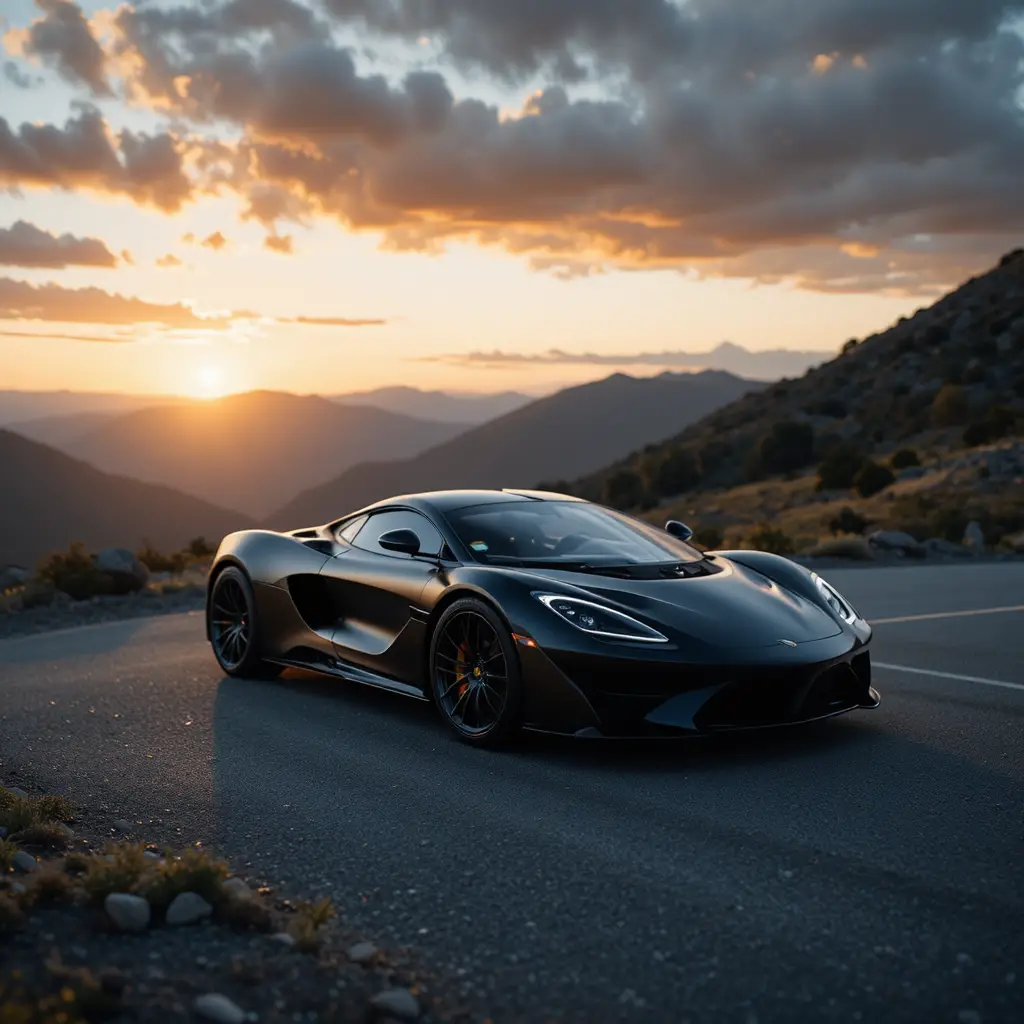 Carro esportivo preto fosco em uma estrada de montanha ao nascer do sol