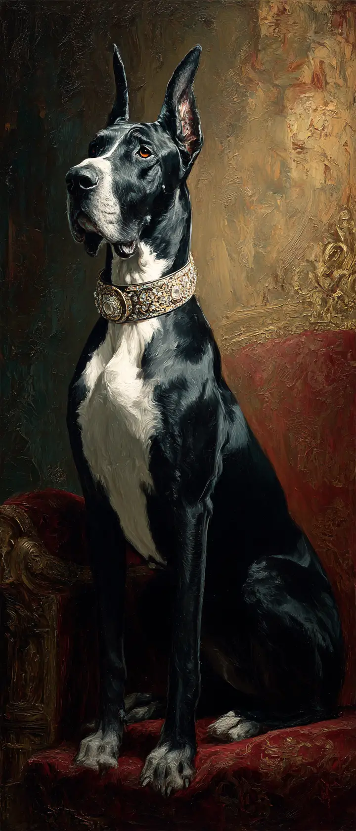 Dog allemand royal sur un trône de velours de style baroque