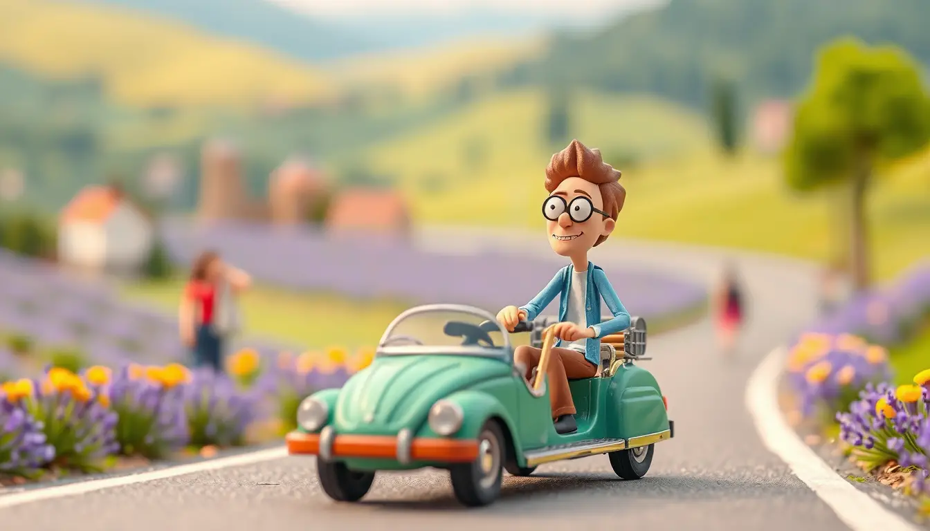 Personagem fofo em estilo Pixar brincando com um carro de corrida