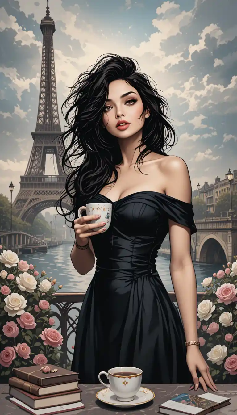 Garota de vestido preto com café perto da Torre Eiffel
