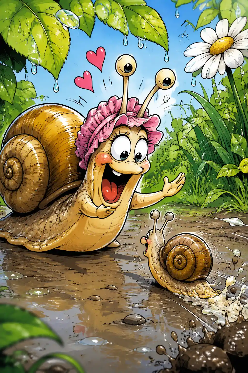 Cartoon snail mother and child in humorous comic style