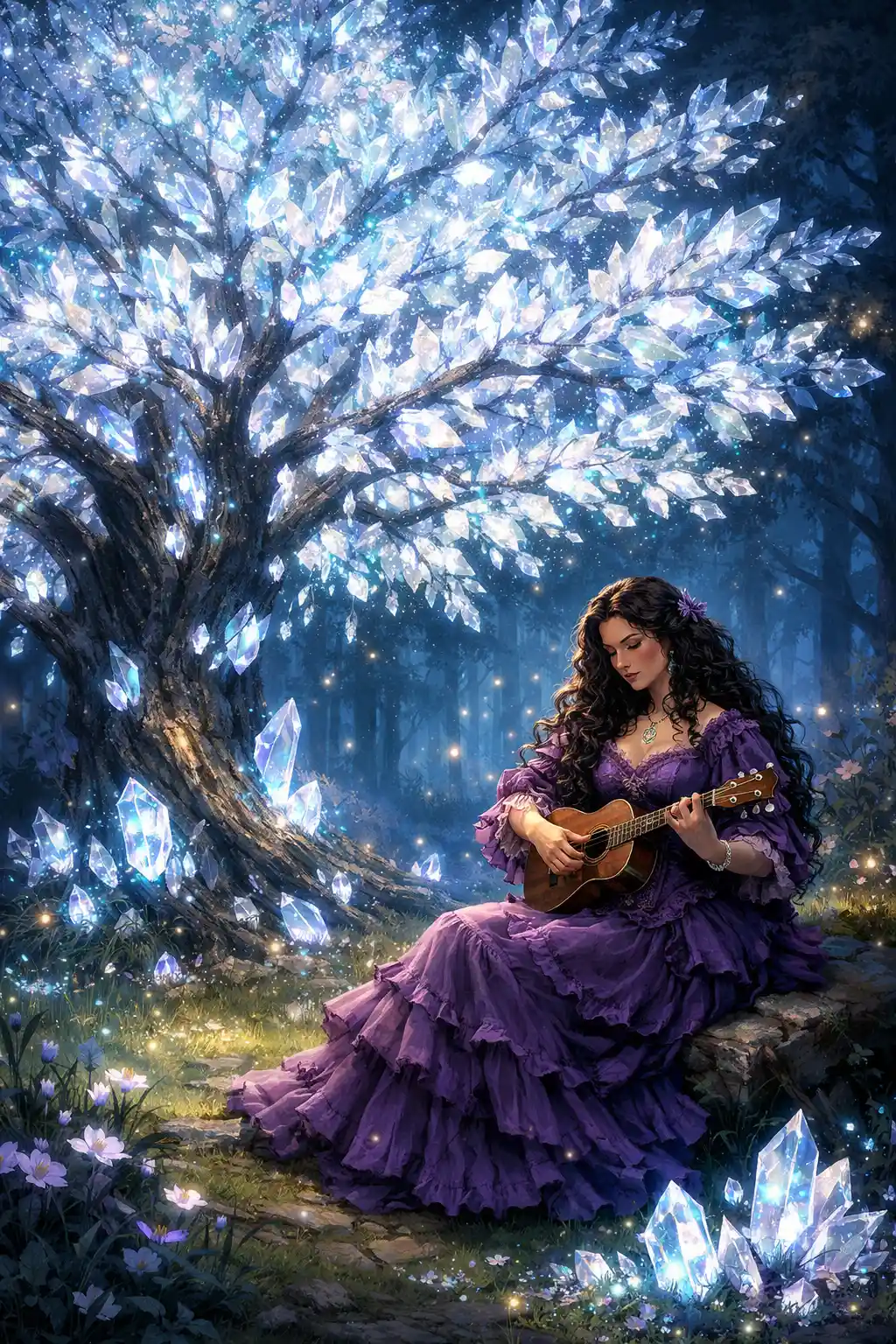 Mujer fantástica tocando ukelele junto a un árbol de cristal brillante