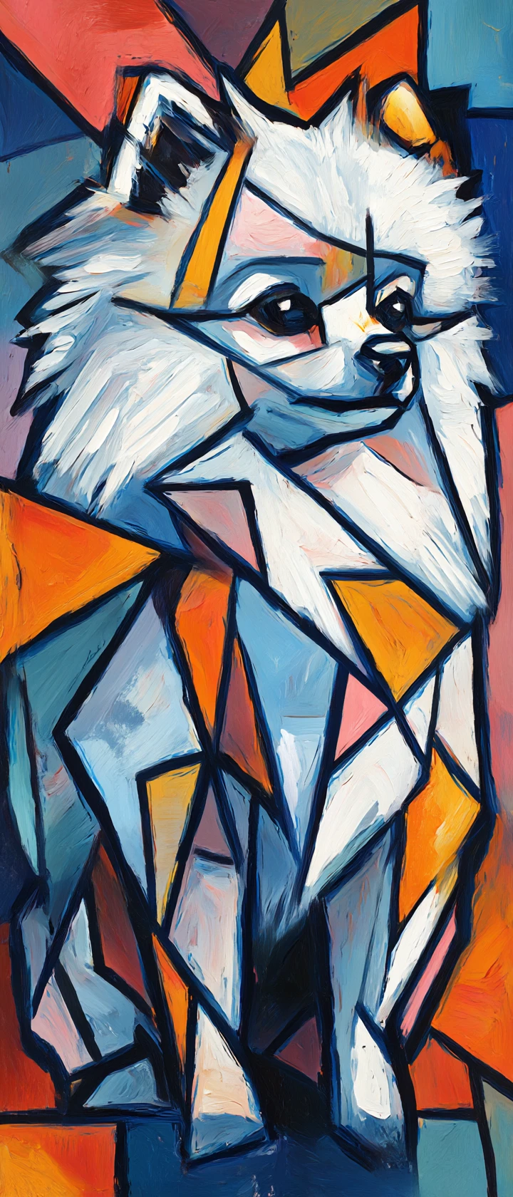Ritratto cubista di un soffice guerriero Volpino di Pomerania in colori audaci