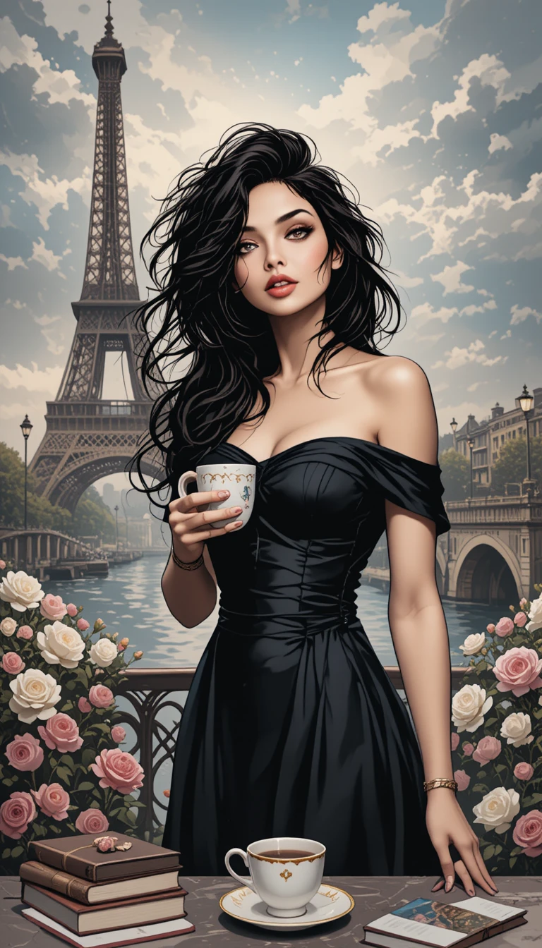 Garota de vestido preto com café perto da Torre Eiffel