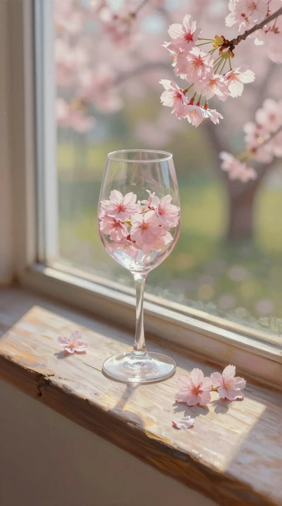 Taça de vinho com flor de cerejeira em um parapeito de madeira banhado pelo sol