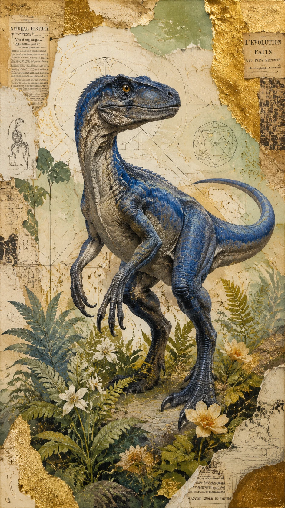 Blue velociraptor in a lush natural landscape painting