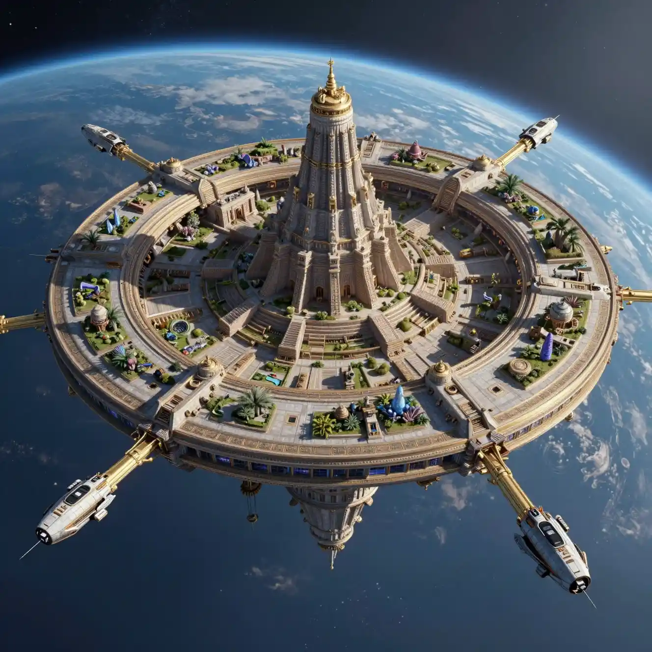 Colossal ring starship orbiting a distant blue planet