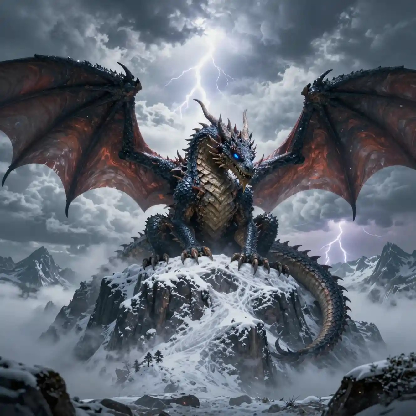 Dragón antiguo descansando en la cima de una montaña nevada y tormentosa