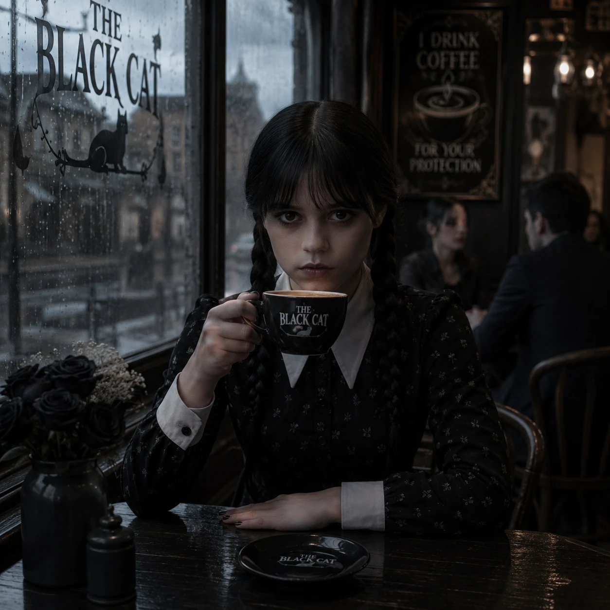 Garota misteriosa bebendo café silenciosamente em um café sombrio