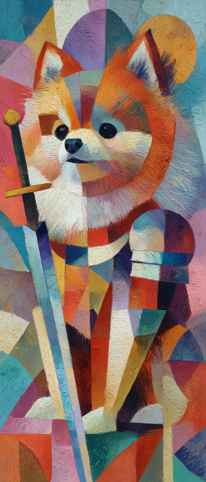 Ritratto cubista di un soffice guerriero volpino di Pomerania in colori audaci