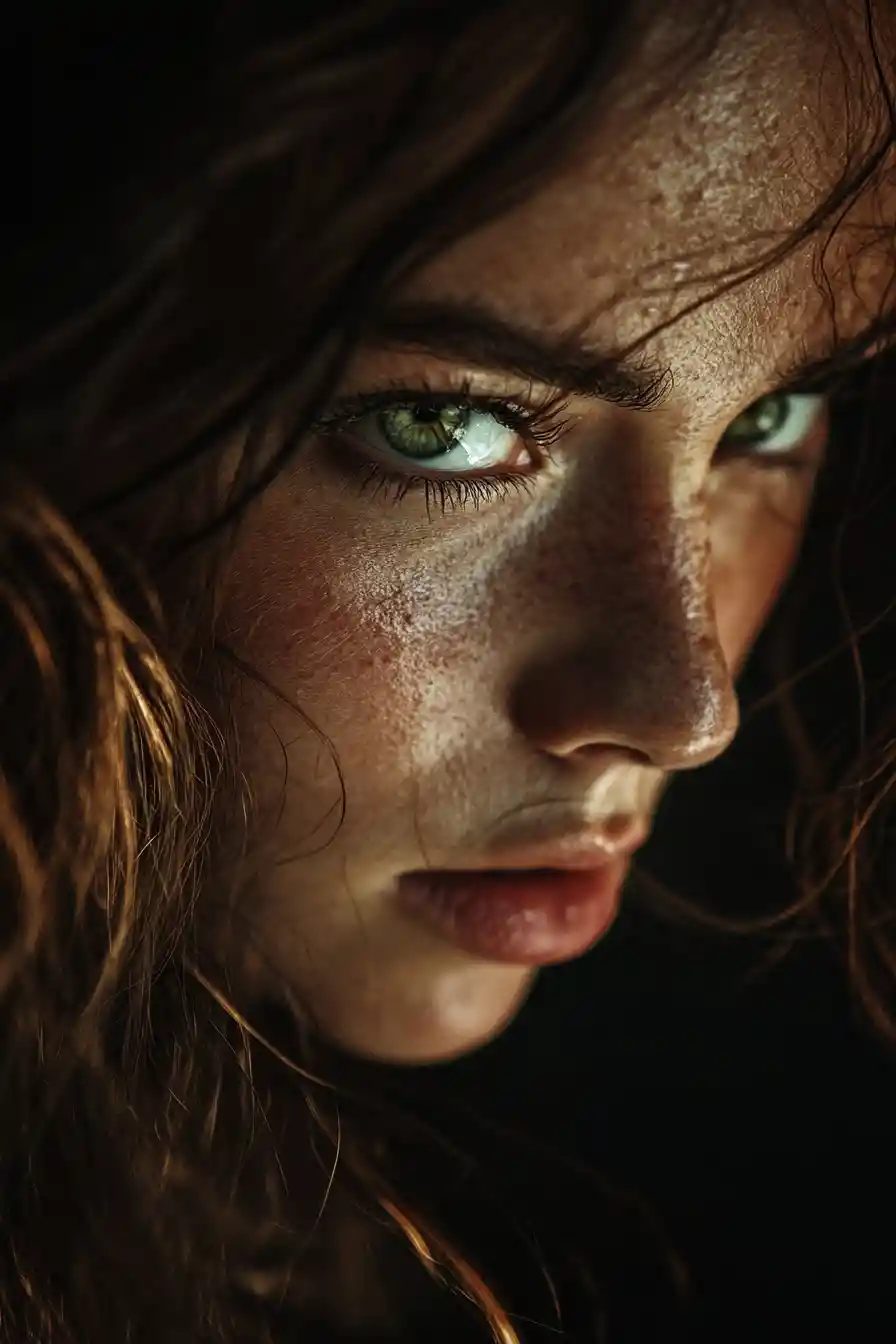 Mujer de ojos verdes intensos en retrato dramático en primer plano