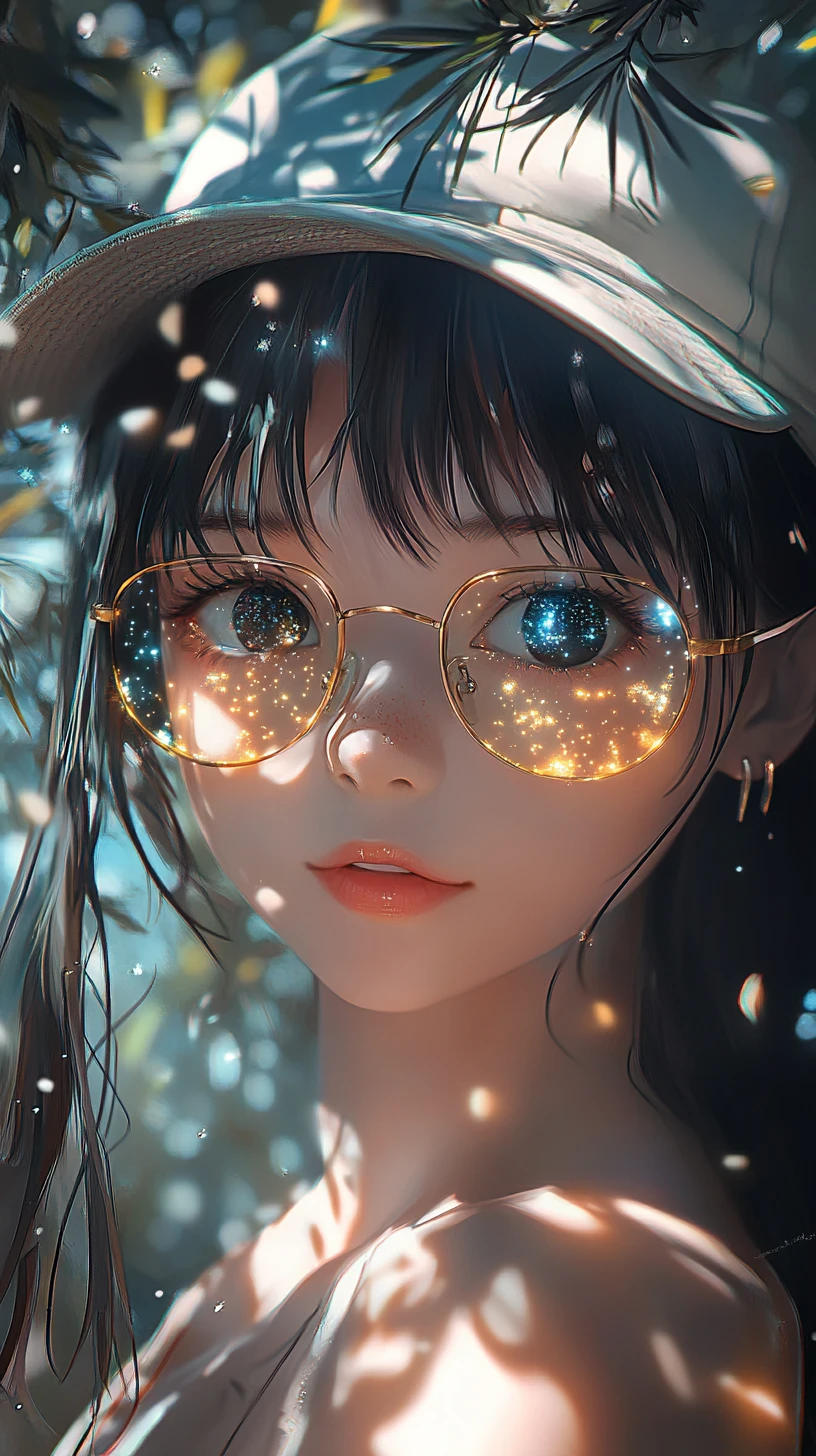 Chica de anime con gafas de galaxia en un bosque silencioso