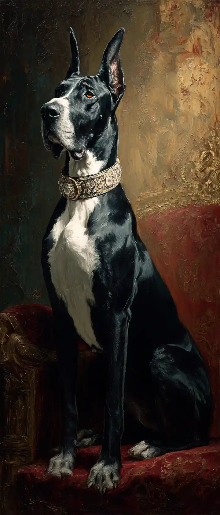 Regal great dane on a velvet throne in baroque style