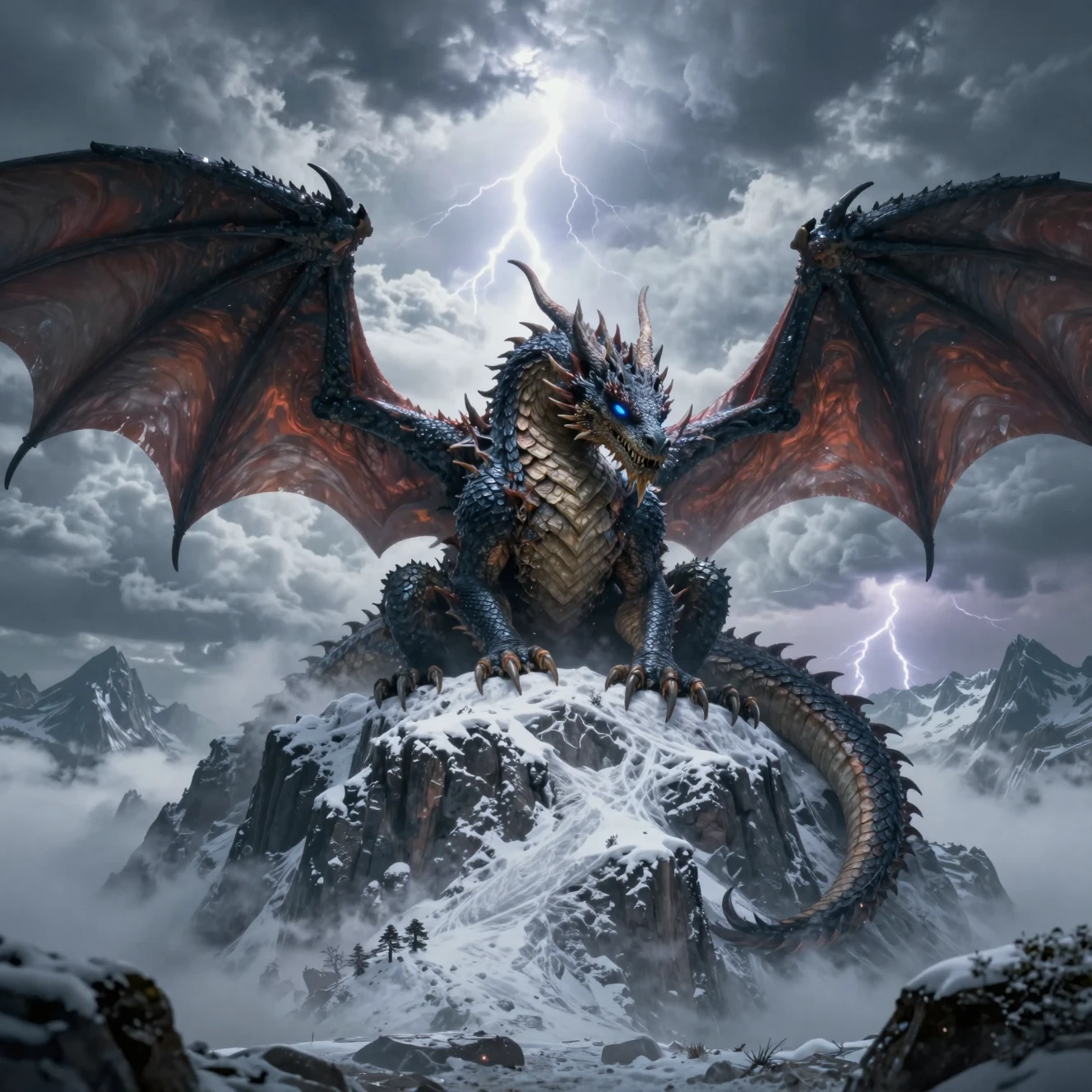 Dragón antiguo descansando en la cima de una montaña nevada y tormentosa