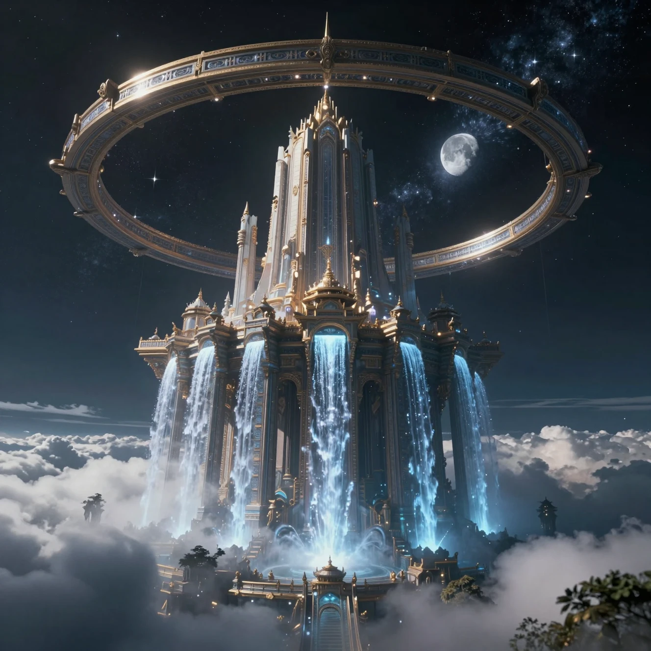 Templo antiguo flotando sobre nubes en el espacio profundo