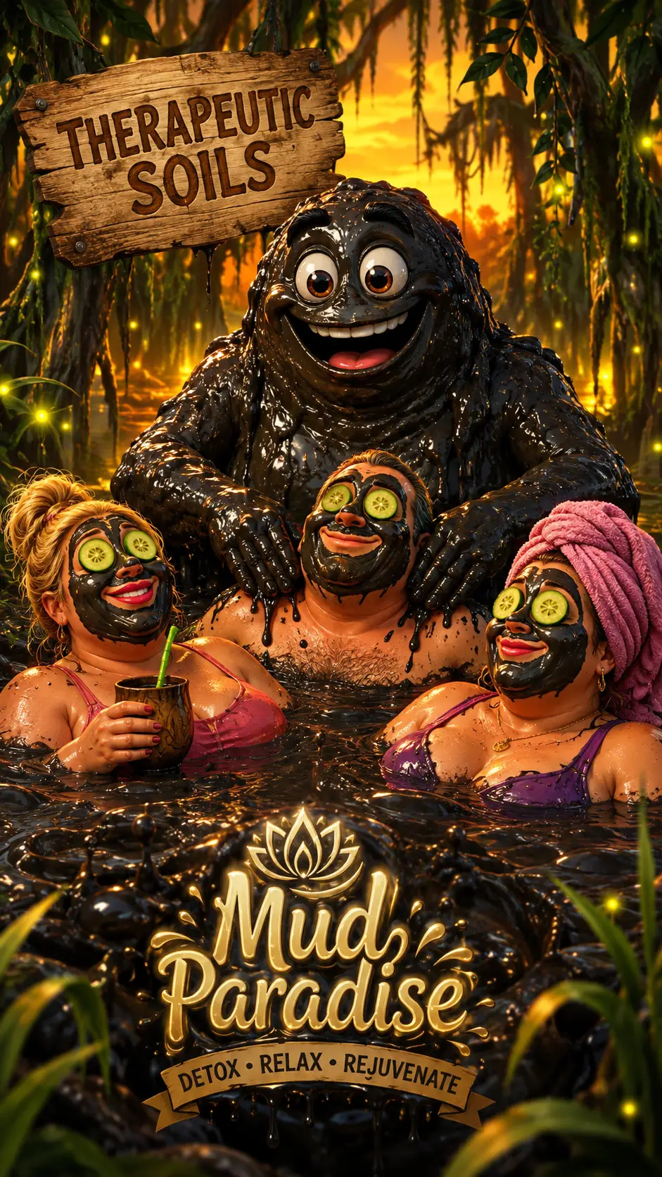 Spa de lama divertido em um pântano místico com banhistas felizes