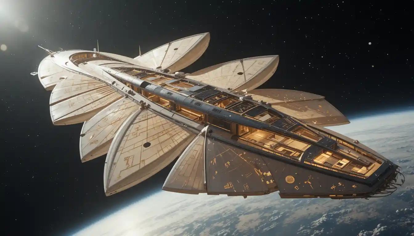 Nave espacial de luxo com vela solar cruzando o espaço profundo