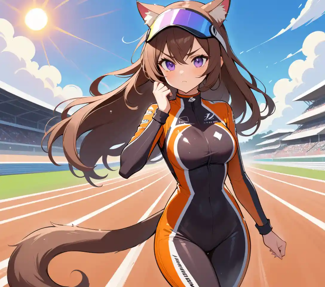 Pilota de Fórmula 1 felina caminhando em pista ensolarada