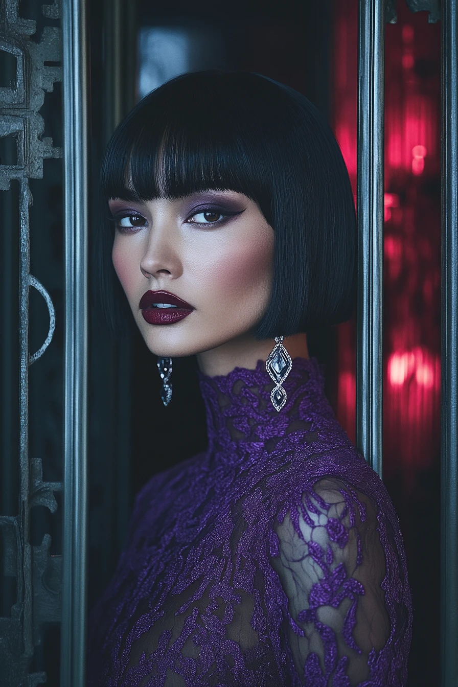 Supermodelo glamurosa con vestido de encaje violeta y melena bob