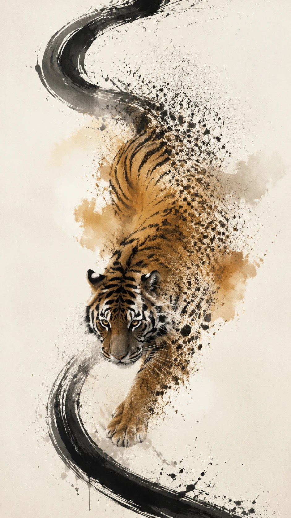 Tigre Descendo em Traços de Tinta Fluida e Movimento de Partículas