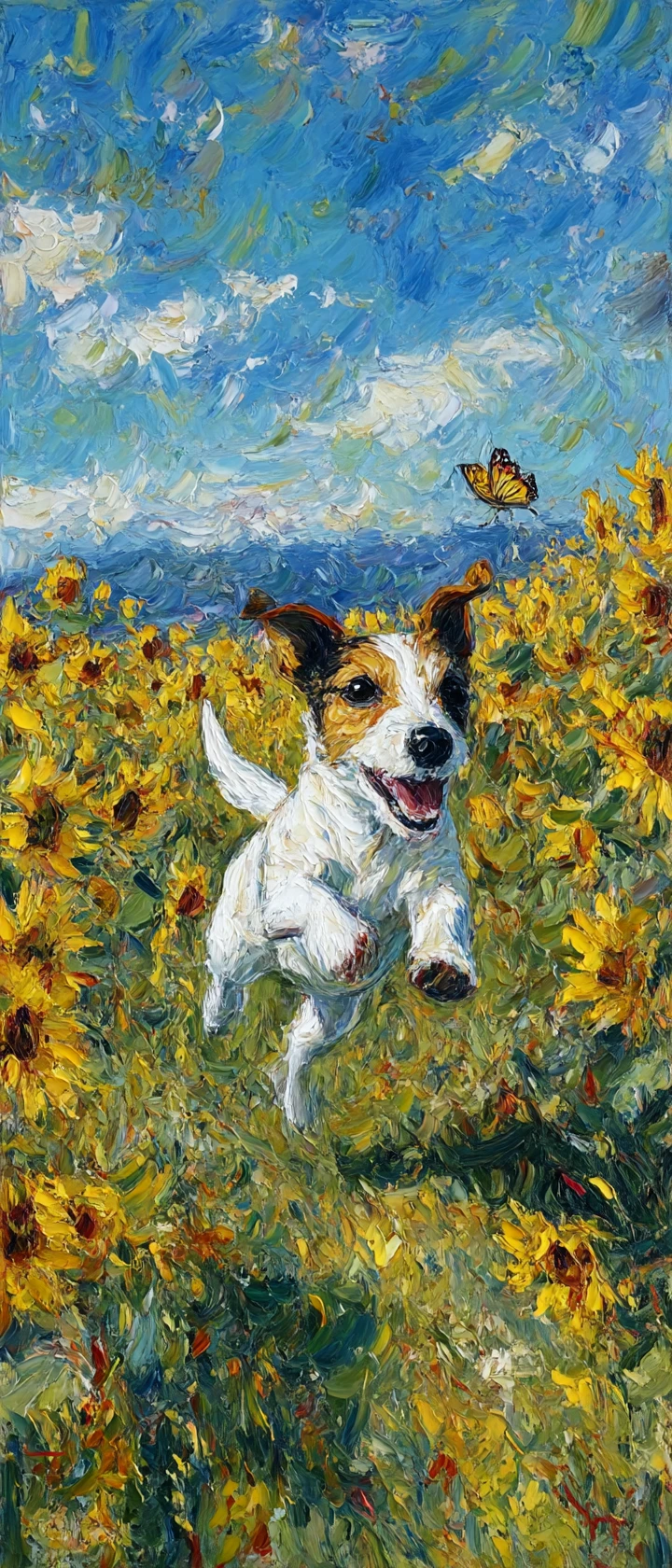 Terrier brincalhão perseguindo uma borboleta espectral em um campo de girassóis
