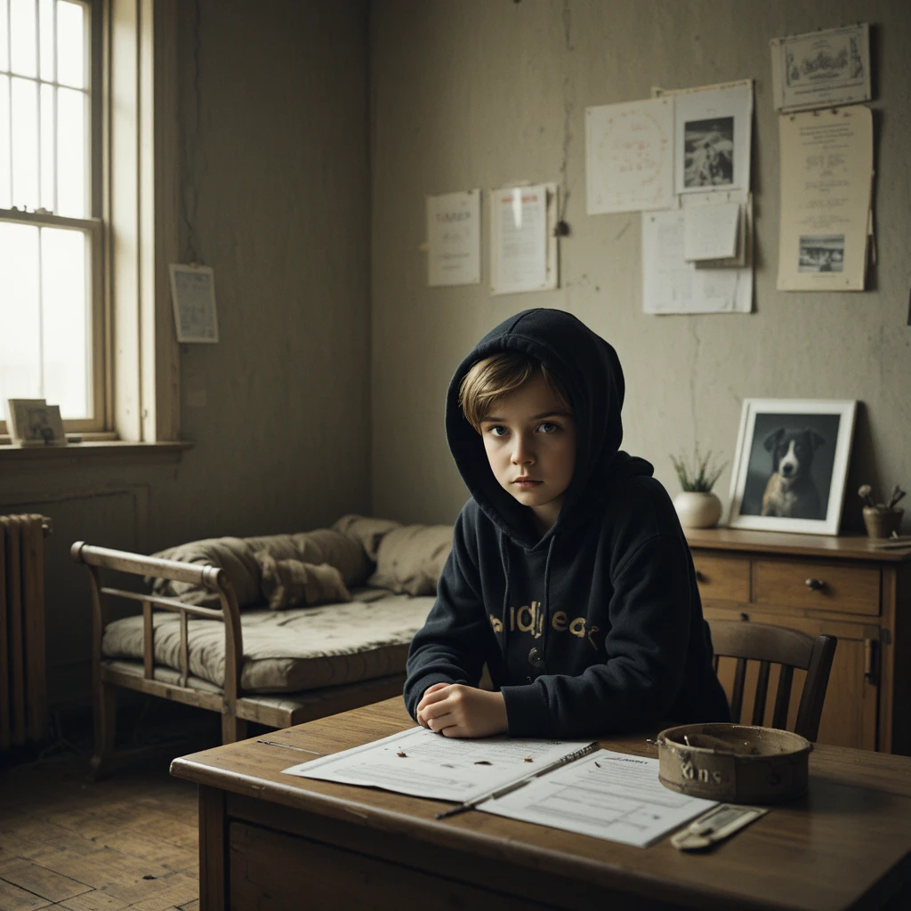 Trauriger Junge in einem dunklen Raum mit schwarzem Hoodie