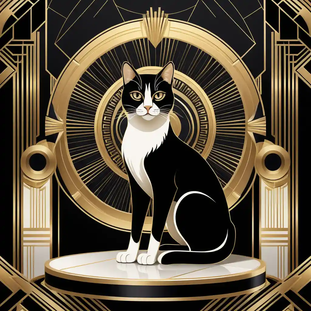 Gatto regale su piedistallo geometrico in stile art déco