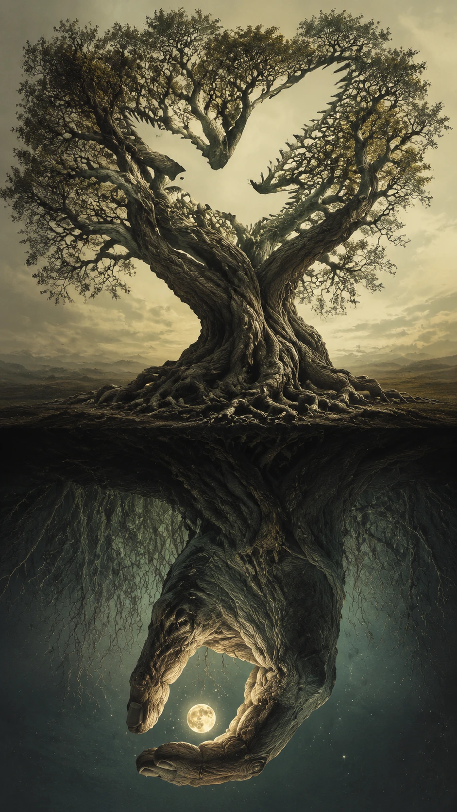 Ancient twisted tree with roots against a pale sky