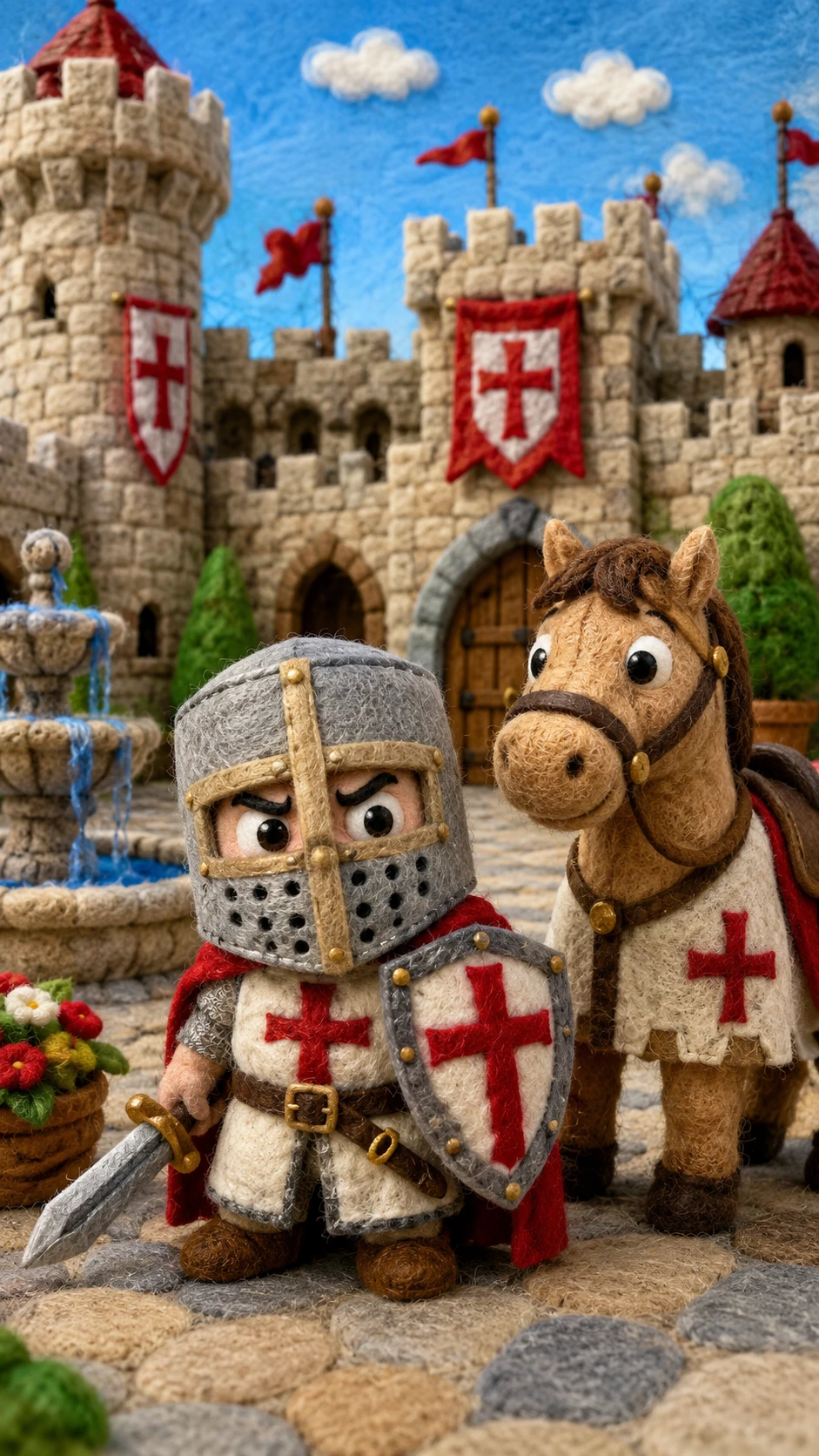 Tiny felt crusader knight in a medieval castle courtyard