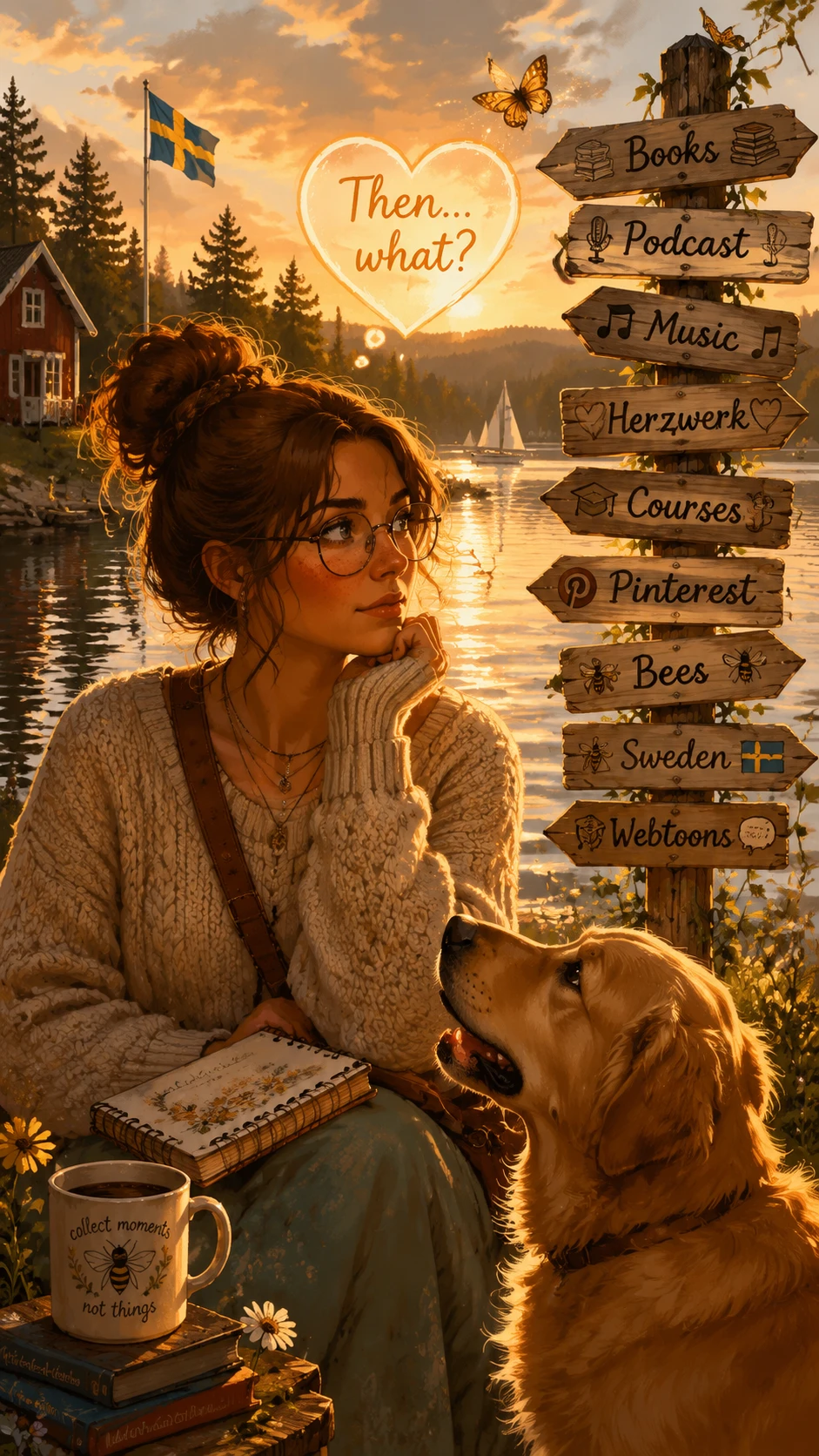 Chica pensativa junto al lago con su perro al atardecer
