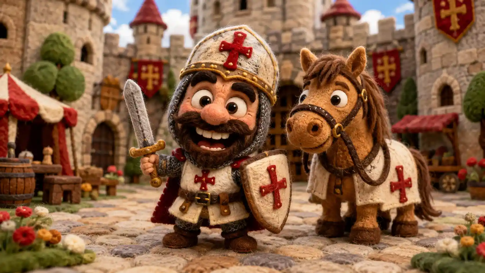 Fofo guerreiro cruzado de feltro com cavalo no pátio do castelo