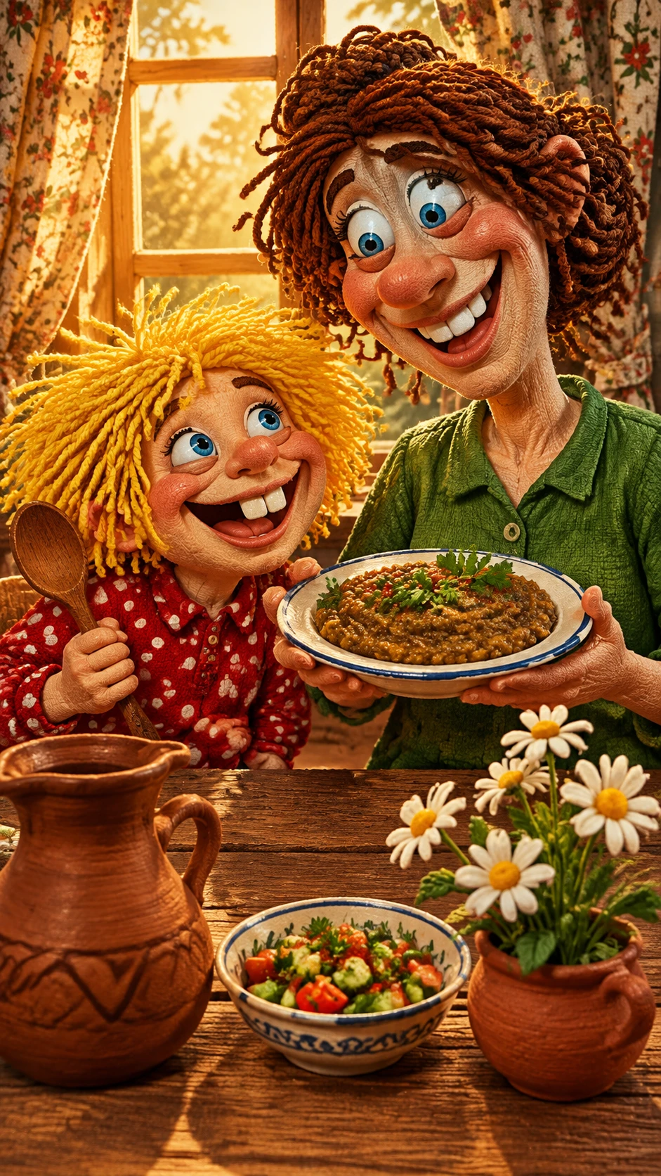 Two plush cartoon figures sharing food at a sunny table