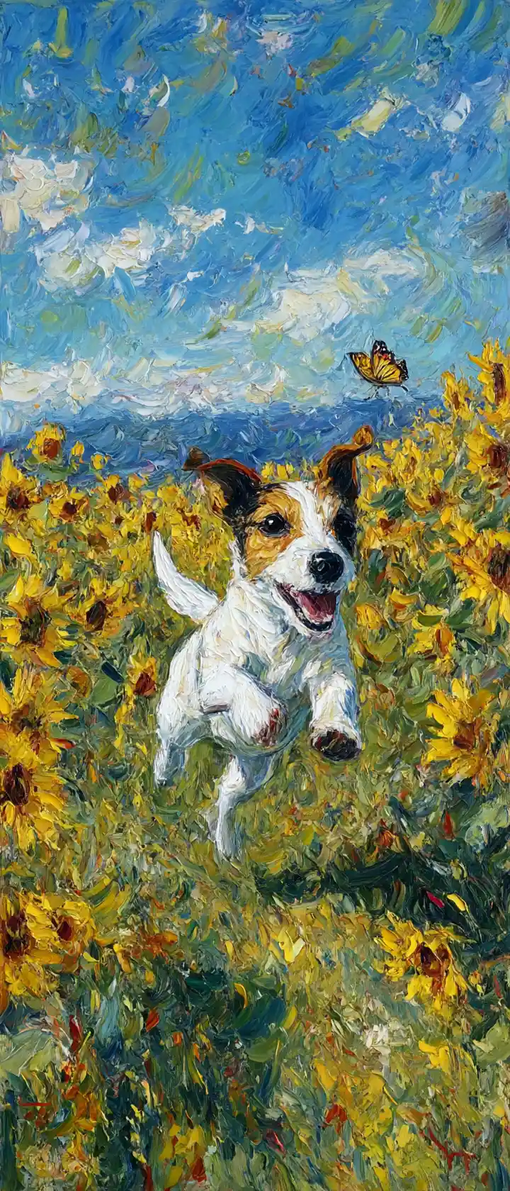Terrier brincalhão perseguindo uma borboleta espectral em um campo de girassóis