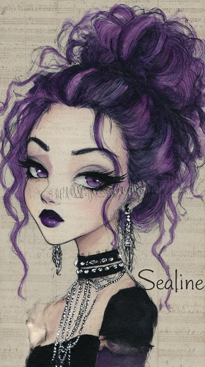 Mujer gótica de cabello morado sobre papel vintage texturizado