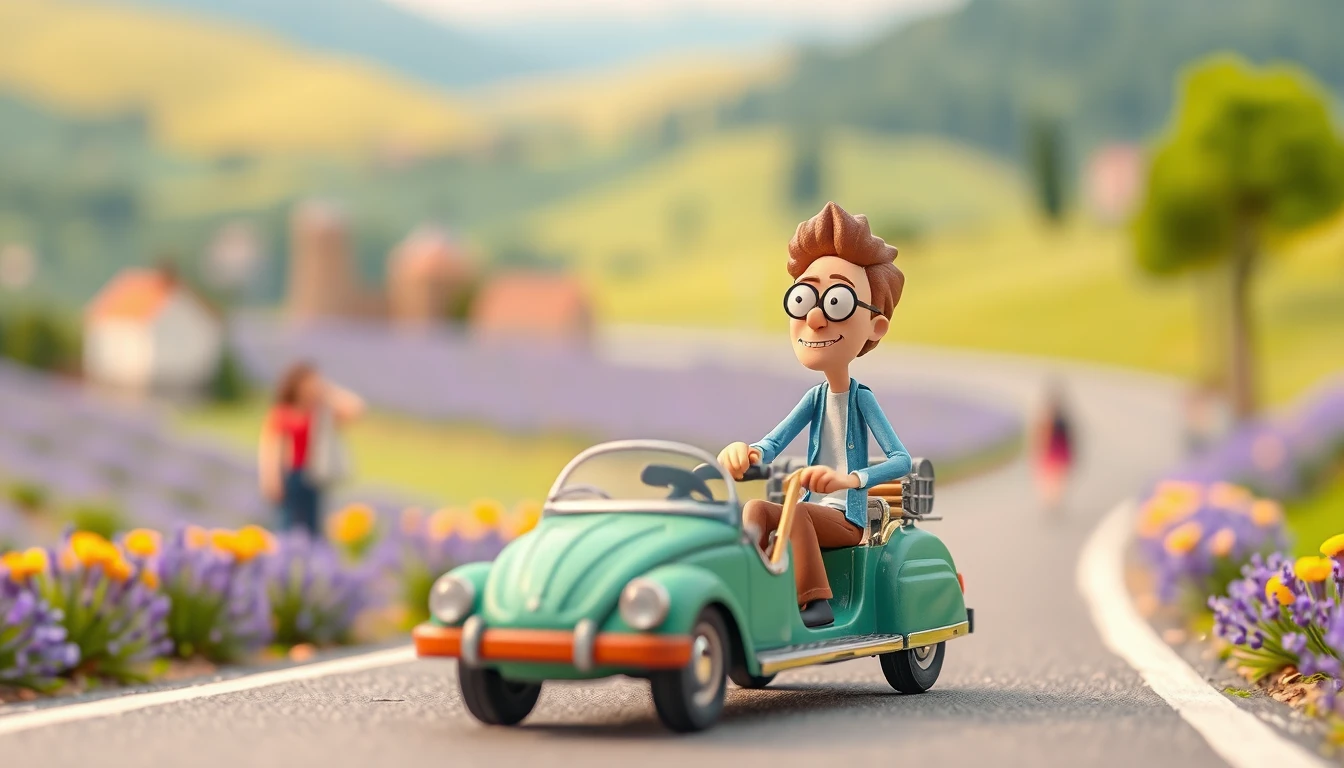 Cute pixar style character playing with a race car