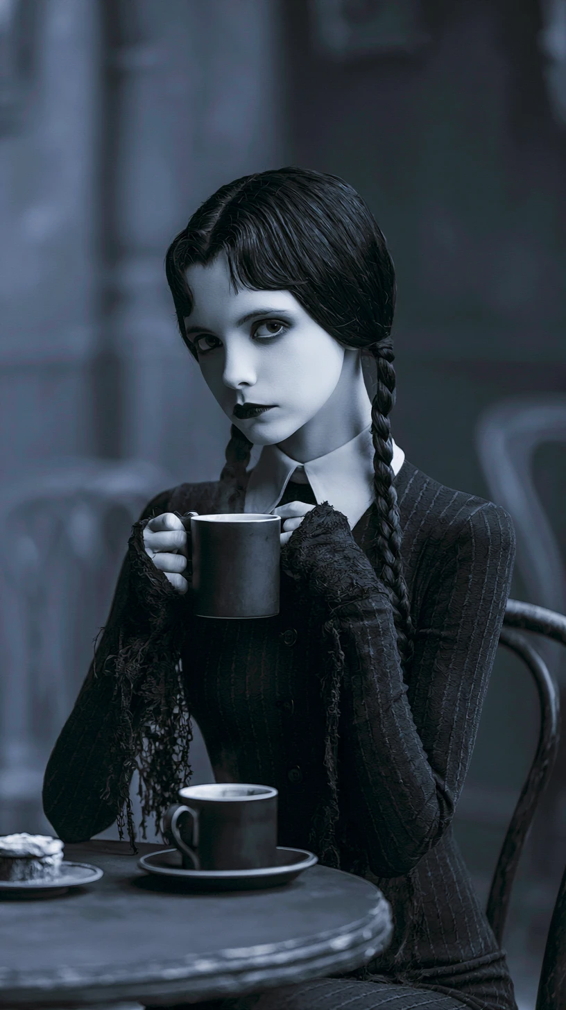 薄暗い村のカフェでひとり座る謎めいた少女