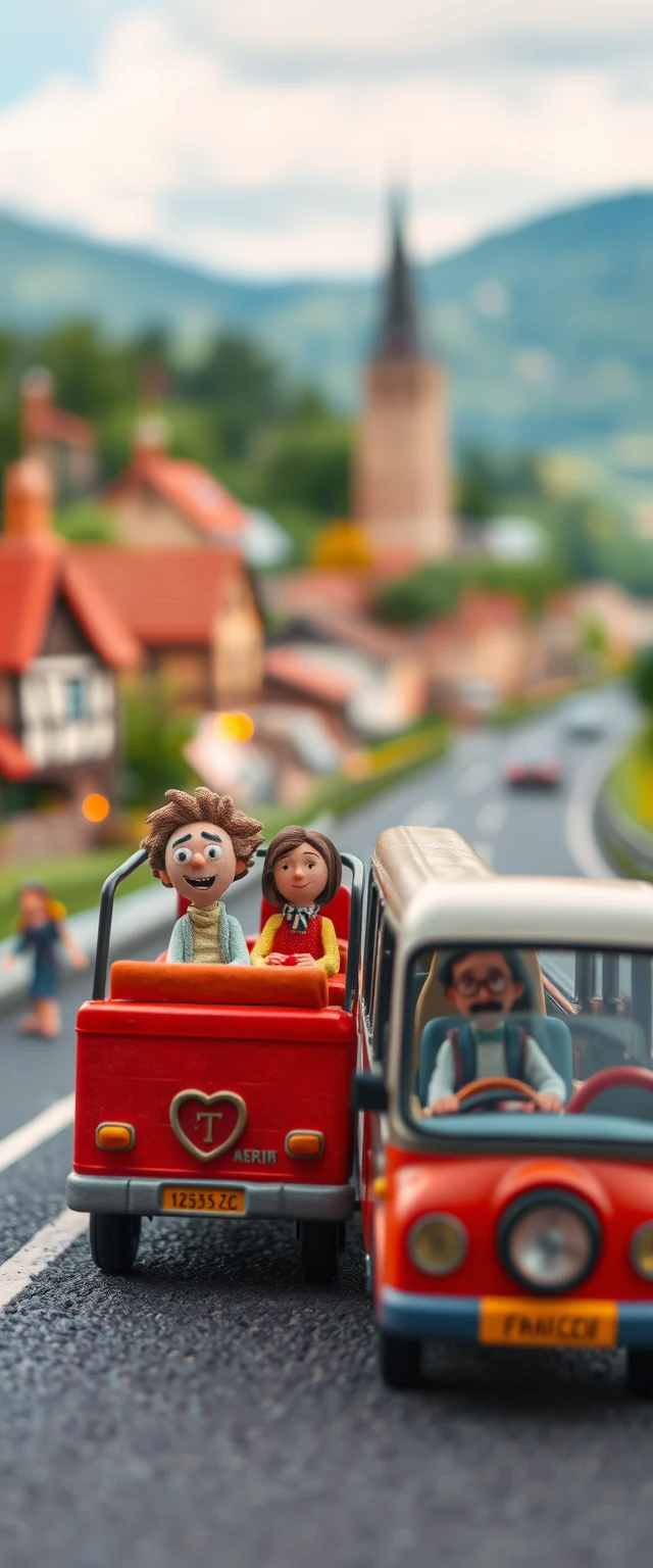 Giocosa scena di autobus d’argilla in una piccola campagna francese