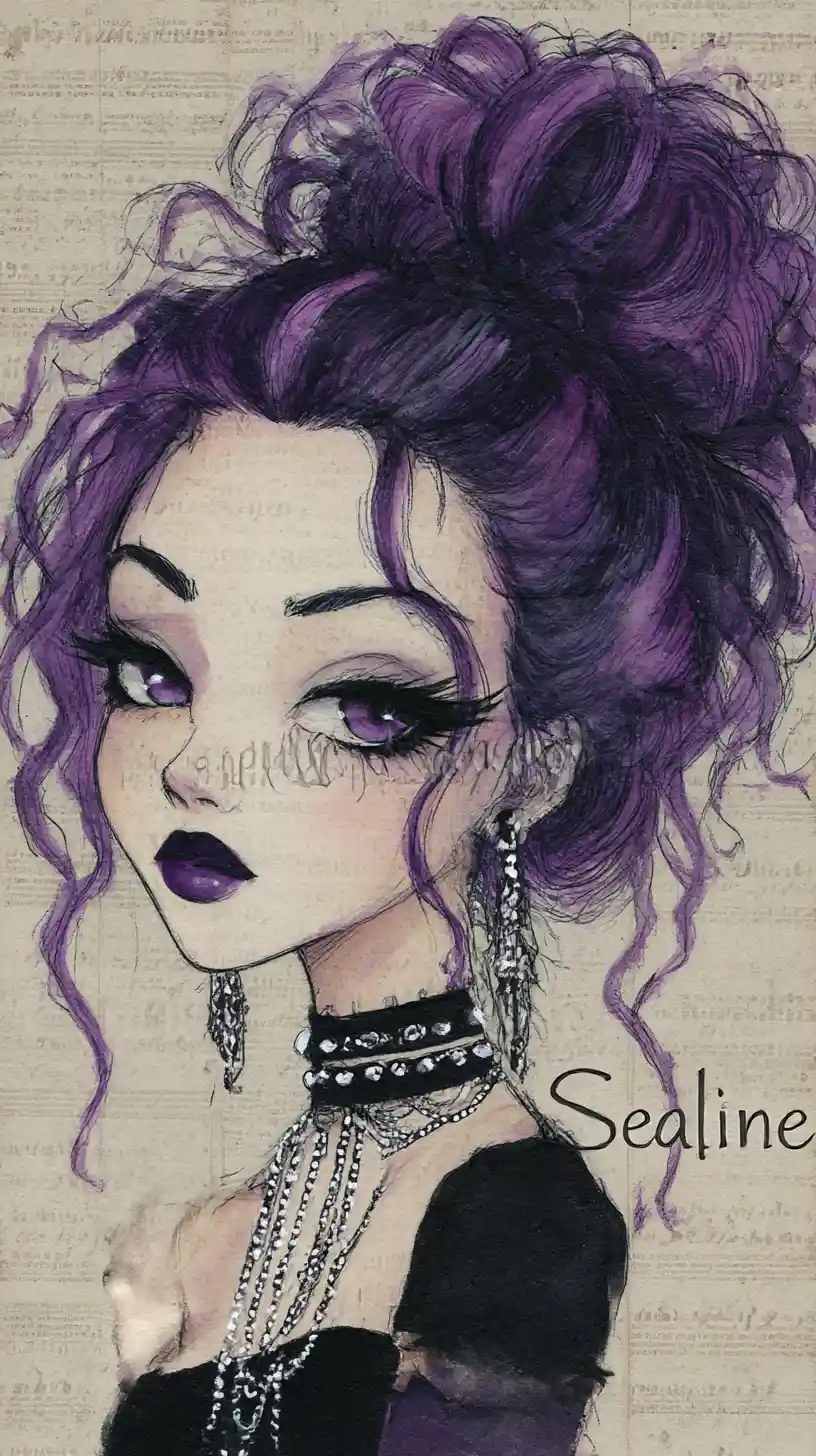 Gothic woman with purple hair on textured vintage paper