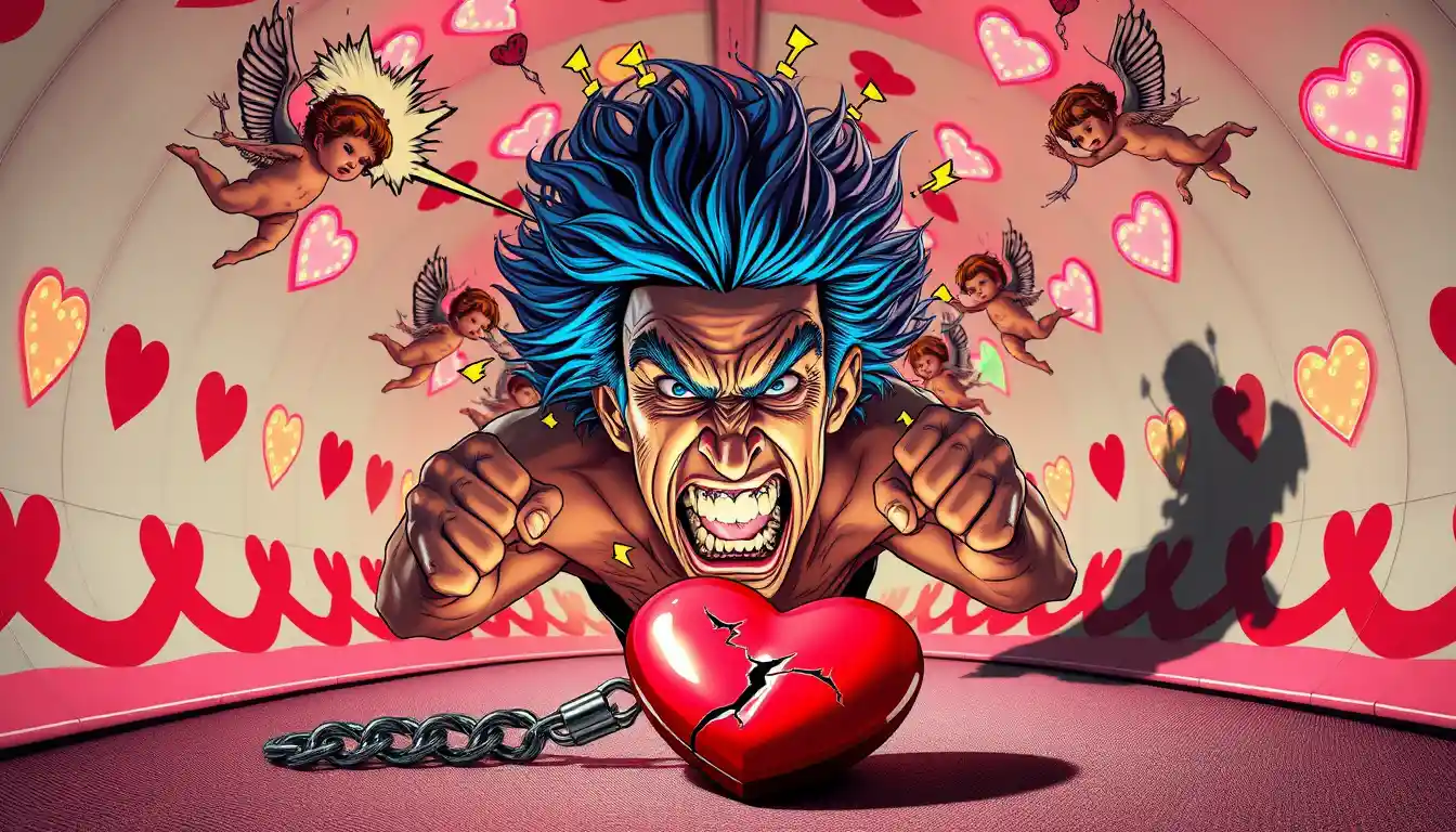 Figura furiosa explodindo em um túnel do amor surreal