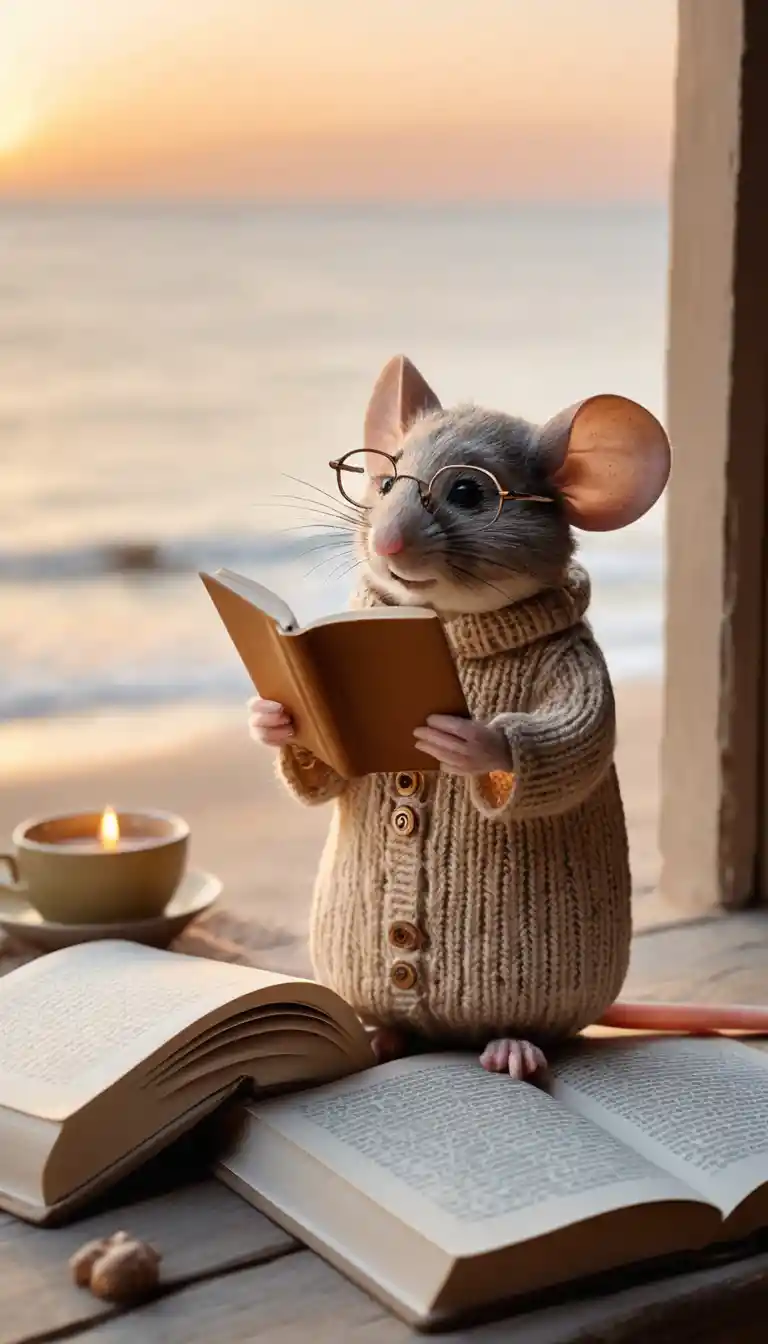 Tiny reading mouse on a mug in a cozy seaside nook