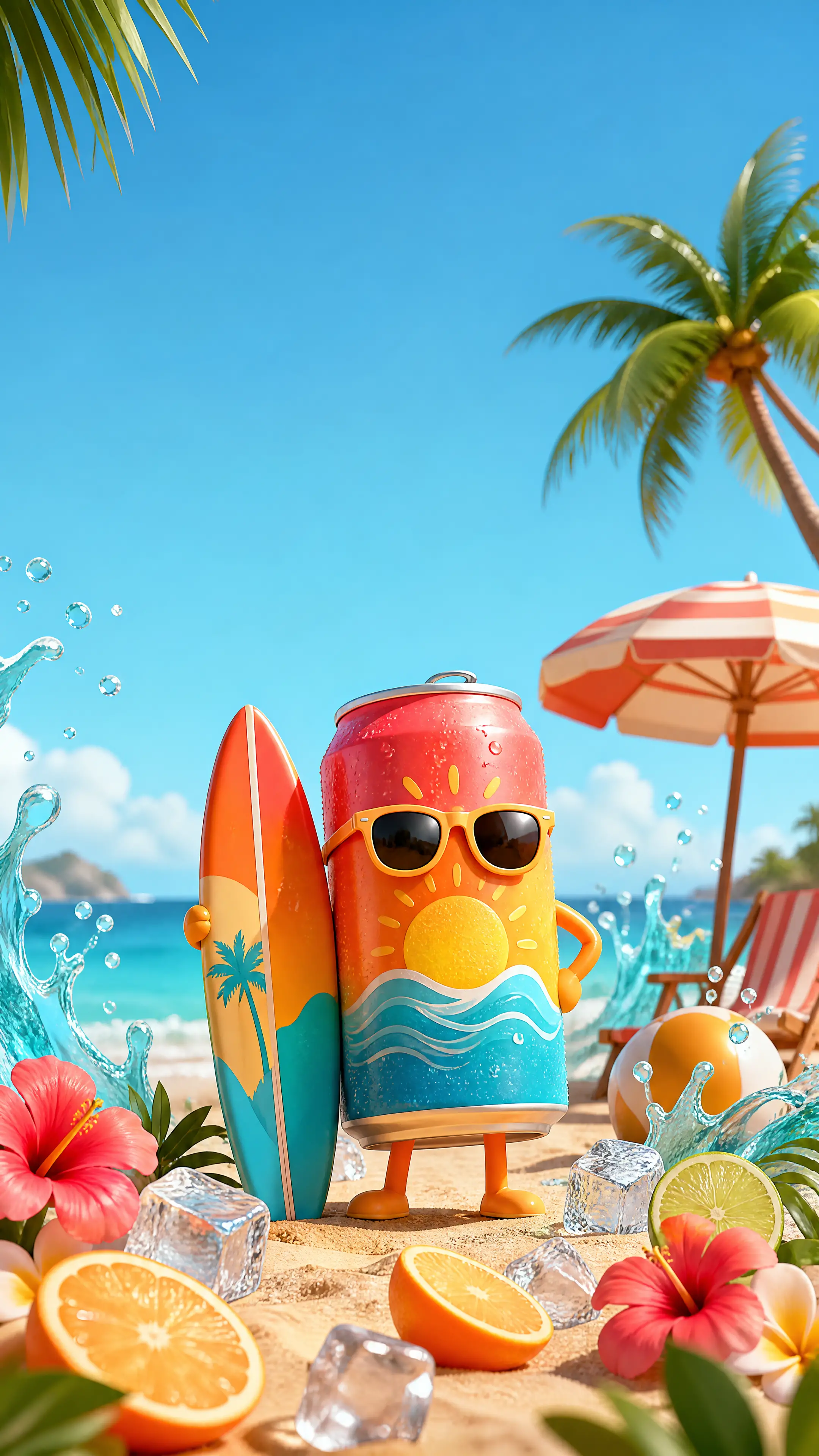 Mascote de lata de refrigerante tropical em praia ensolarada com prancha de surfe
