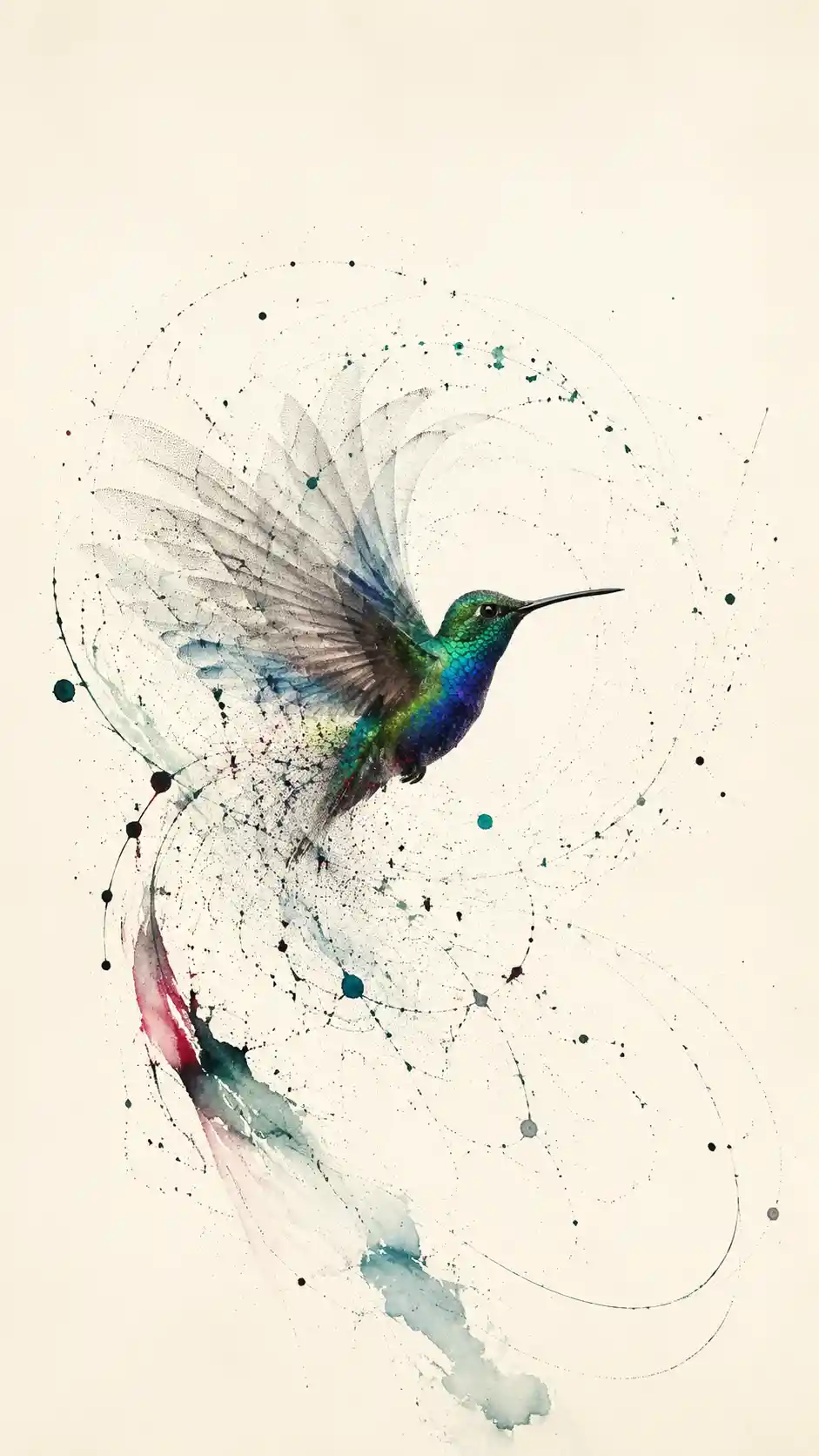 Tiny hummingbird floating in vast minimalist ivory space