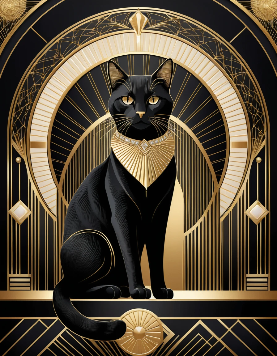 Regal art deco cat on geometric pedestal in gold tones
