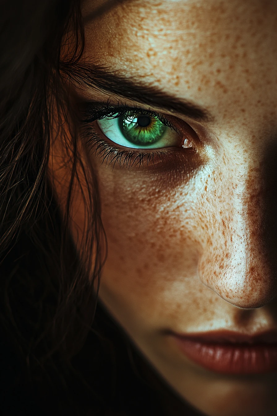 Retrato cercano y sombrío de una mujer con intensos ojos verdes