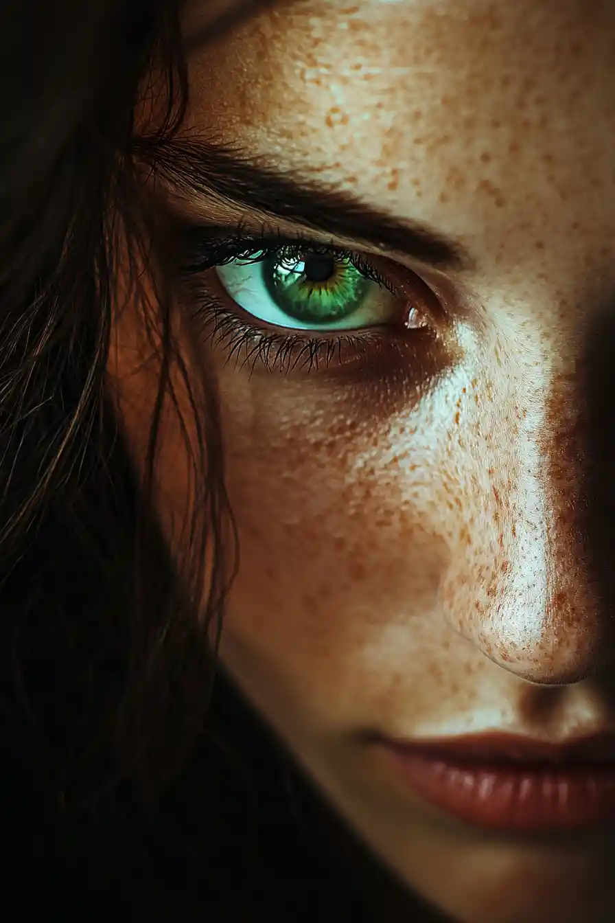 Moody close up portrait of woman with intense green eyes