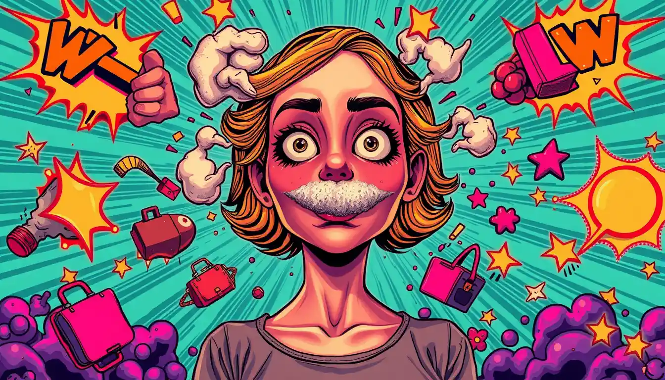 Furious cartoon figure in a wild pop surrealist scene